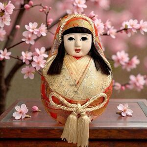 VTG Japanese Kimekomi Matsuyama Hime Daruma Doll– Brocade Kimono & Tassel Detail